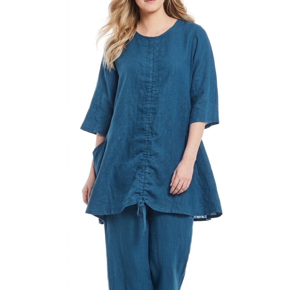 Bryn Walker Linen 2pc Set Josie Ruched Tunic & Crop Pant Teal Blue Small Relaxed
